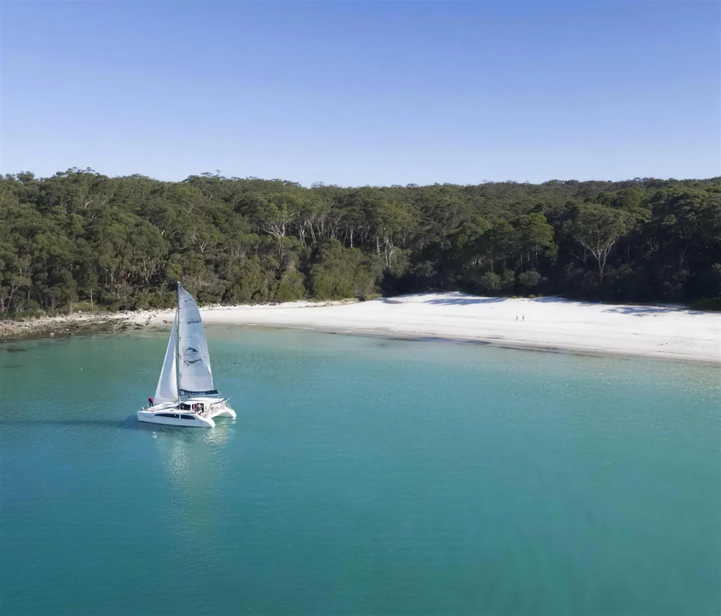 Discover, a Seawind 1160 sailing catamaran, under sail on Jervis Bay