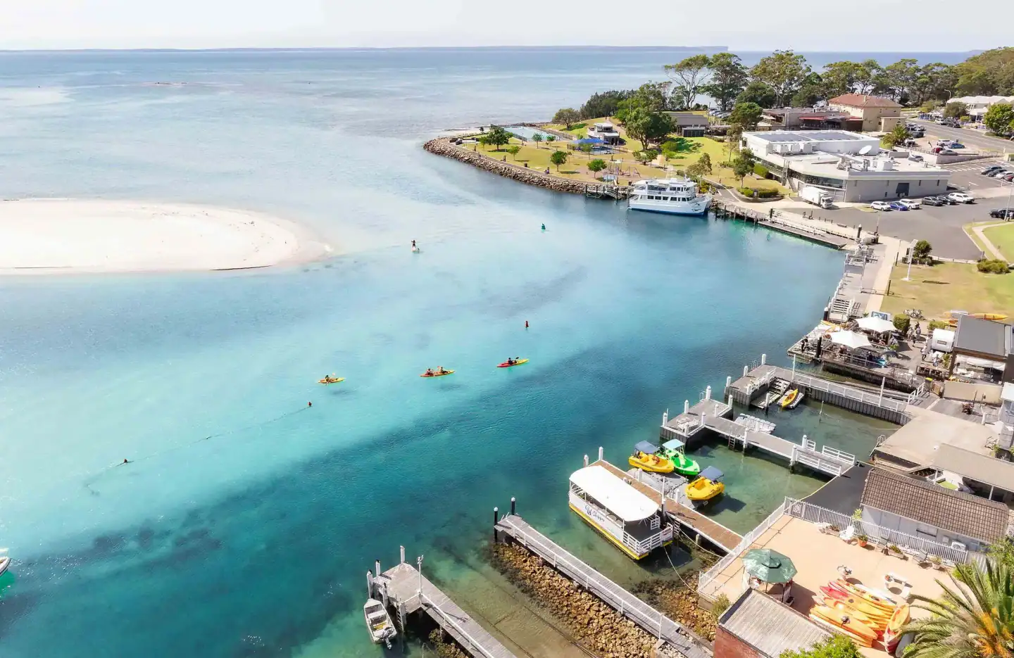 Huskisson wharf and the Jervis Bay Wild fleet from the air