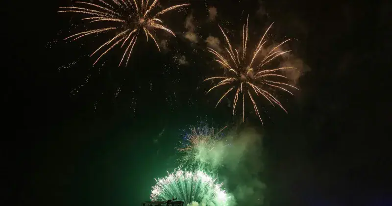 Gold fireworks bursting in a dark sky above the water